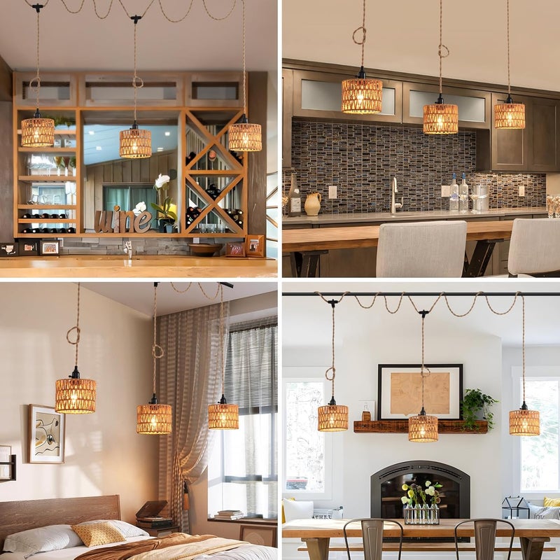 KENMI 3-Light Hanging Light with Plug in Cord,Plug in Pendant Light 22ft Hemp Rope Pendant Lighting Vintage 3-Light Hanging Lamp Fixtures for Kitchen Island Living Room Bedroom - Image 5